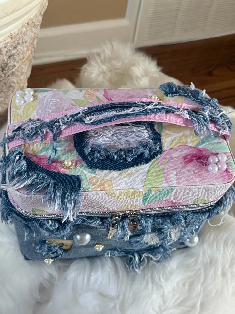 Floral Top Denim Fringe Vanity Bag - Pink and Blue